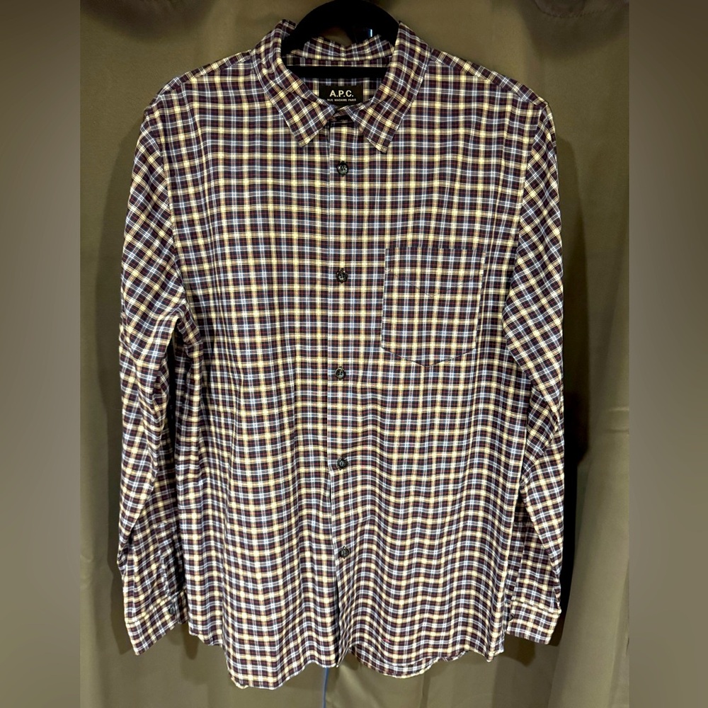 A.P.C. Blue and Brown Button Down Long Sleeve Shirt Timeless Checkered Design